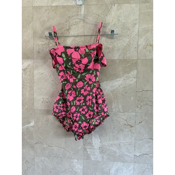 Vintage 80s Catalina Bathing Suit Size 14 Floral Pink Green One Piece Retro USA - Picture 1 of 9